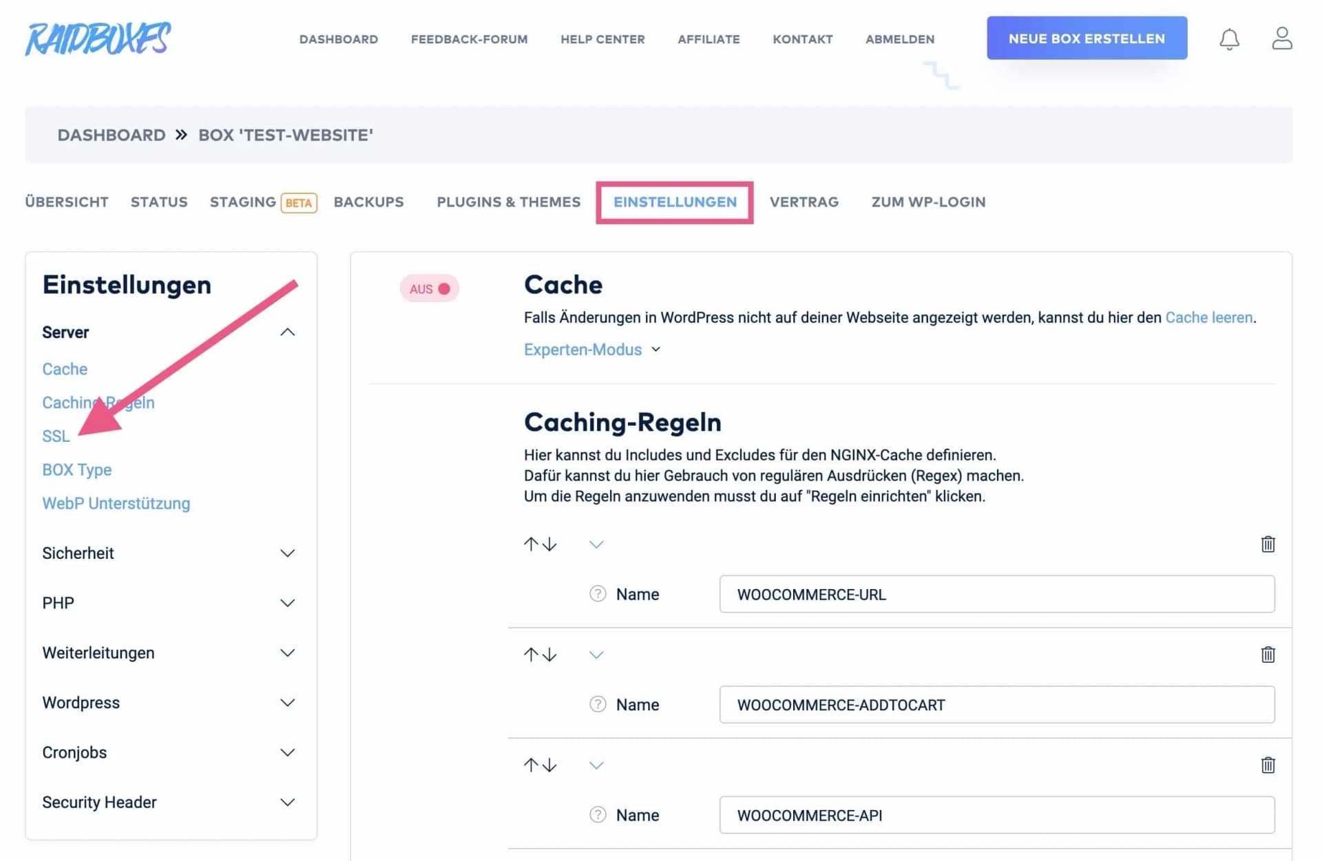 In den BOX-Einstellungen findest du den Punkt SSL im linken Menü