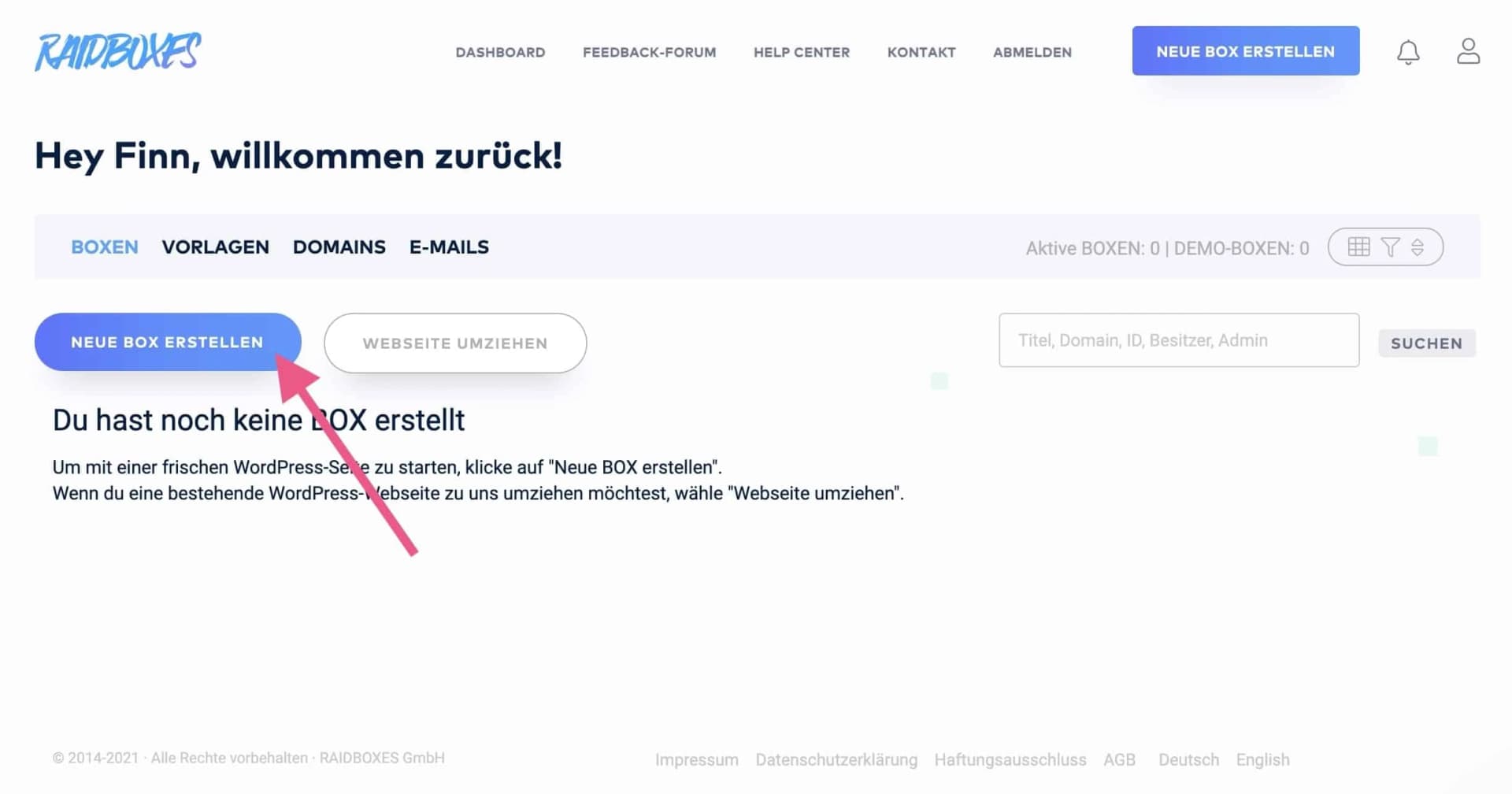 Eine neue BOX (WordPress-Installation) erstellen