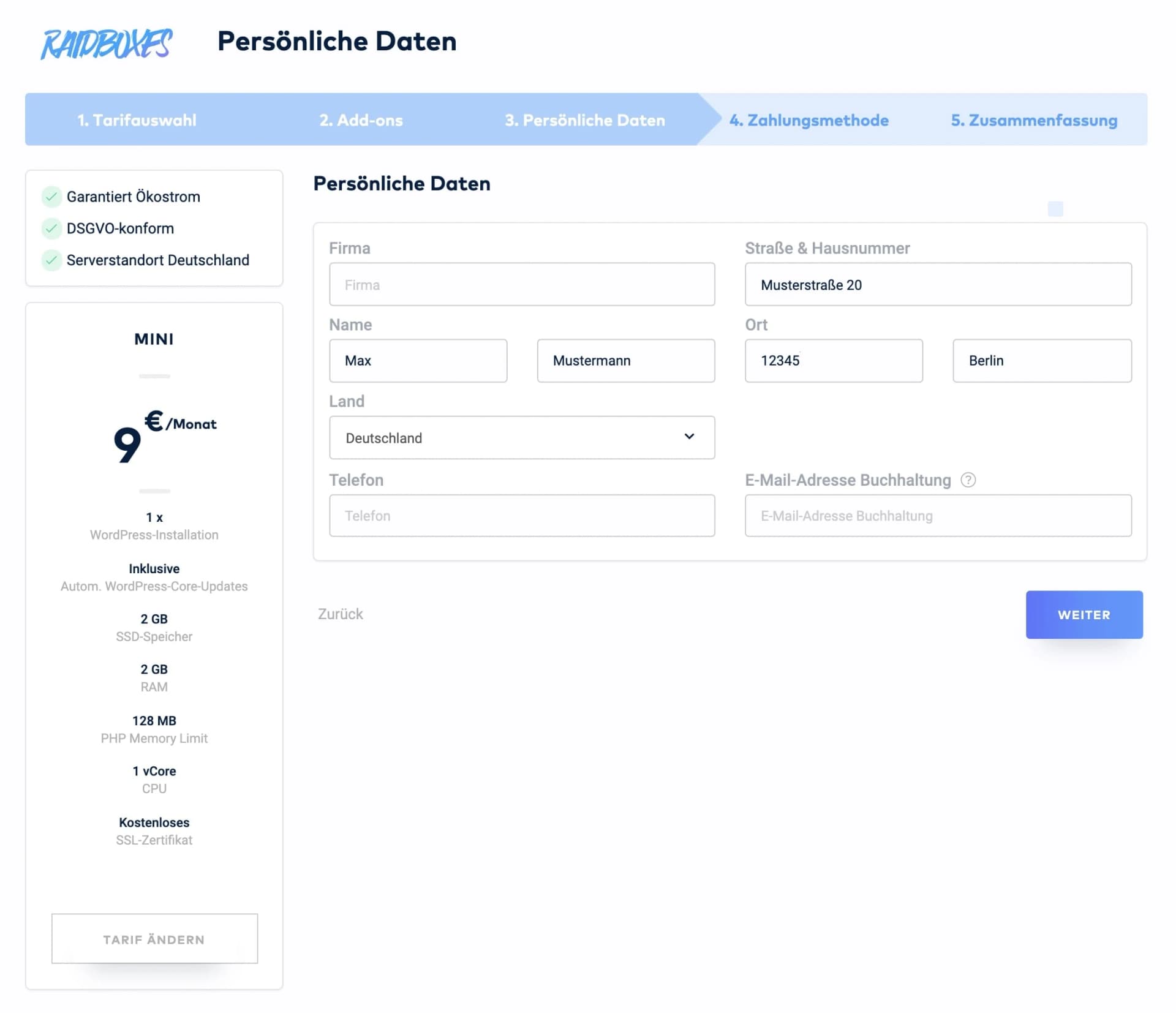 Persönliche Daten bei RAIDBOXES eingeben