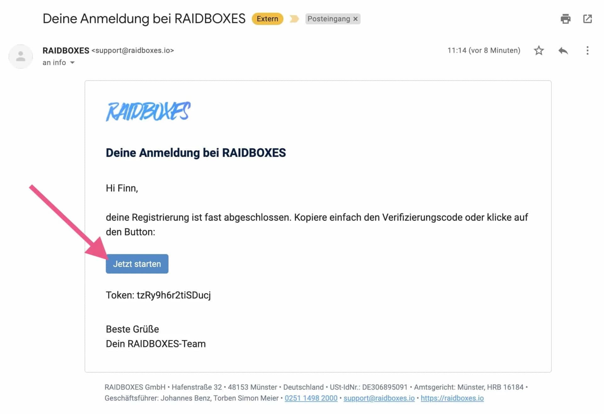 Mit der Verifizierungs-E-Mails die Anmeldung bei RAIDBOXES bestätigen