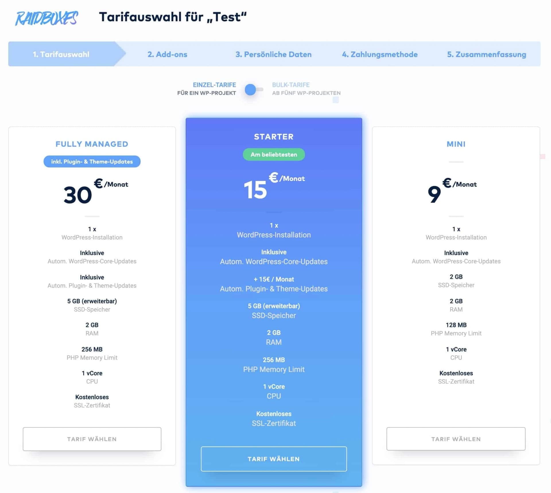 Tarifauswahl bei RAIDBOXES