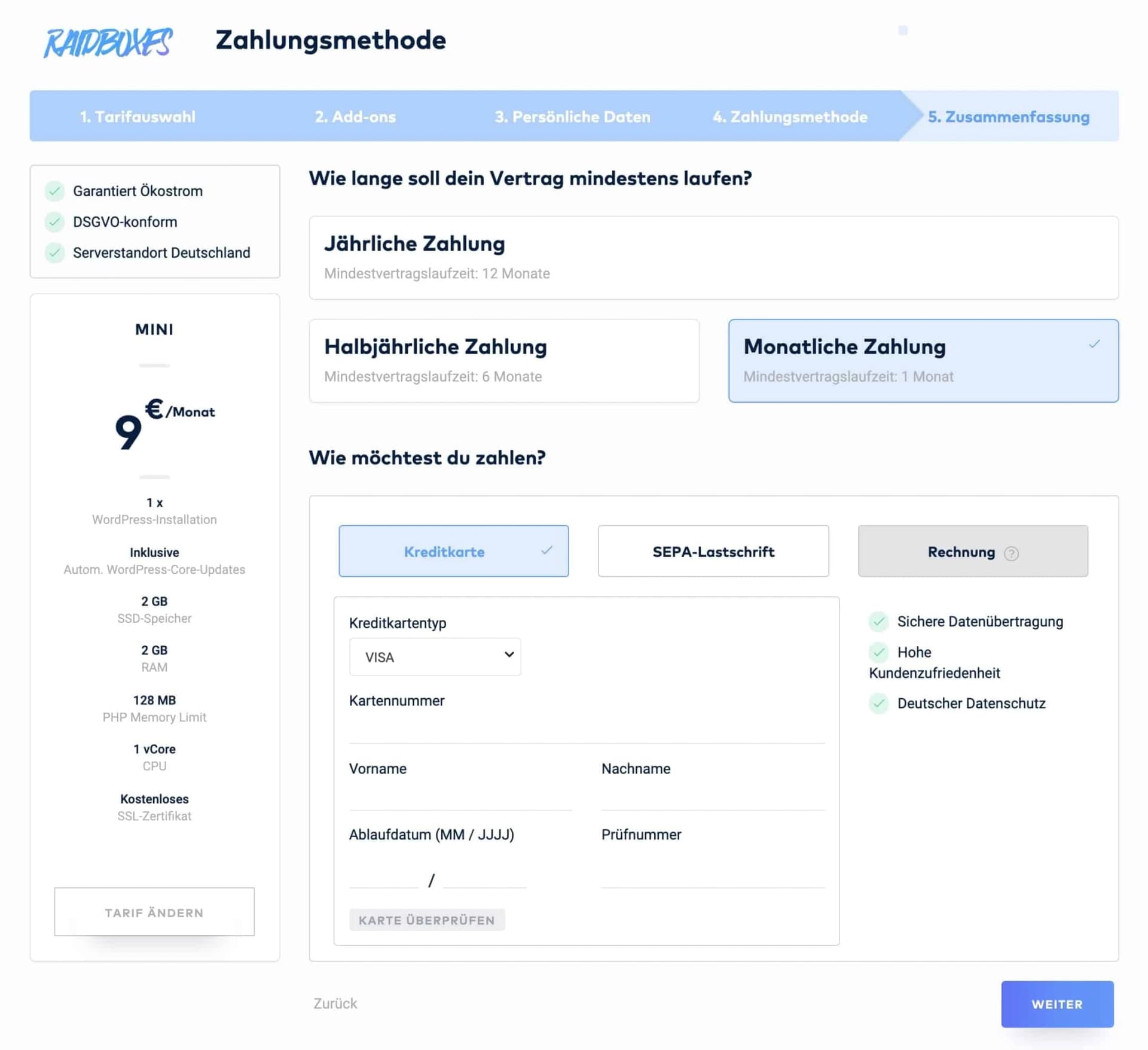 Zahlungsmethode und Vertragslaufzeit bei RAIDBOXES auswählen