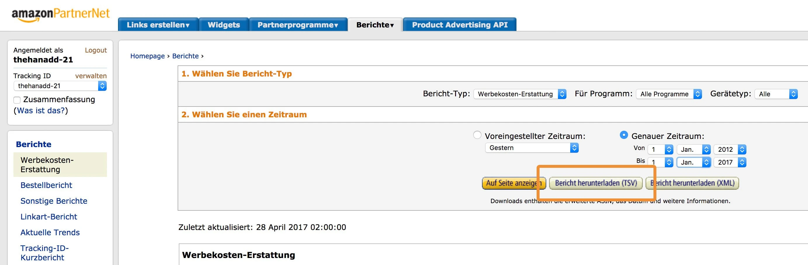 Bericht exportieren im Amazon-Partnerprogramm