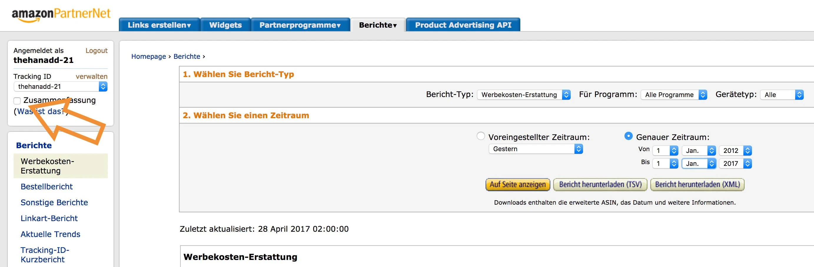 Zusammenfassung in den Amazon-Partnerprogramm-Berichten