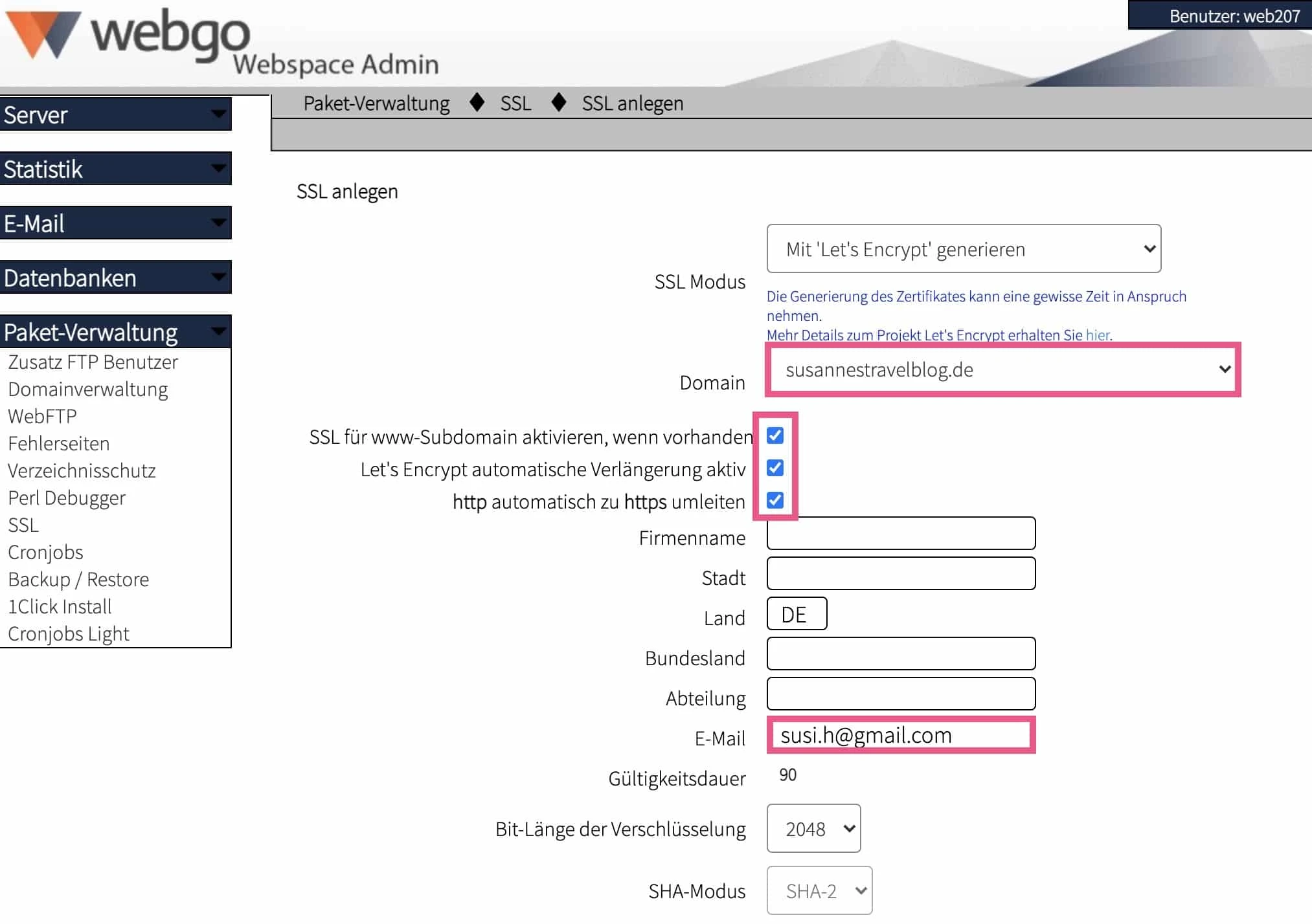 SSL-Zertifikat im webgo Webspace-Admin konfigurieren