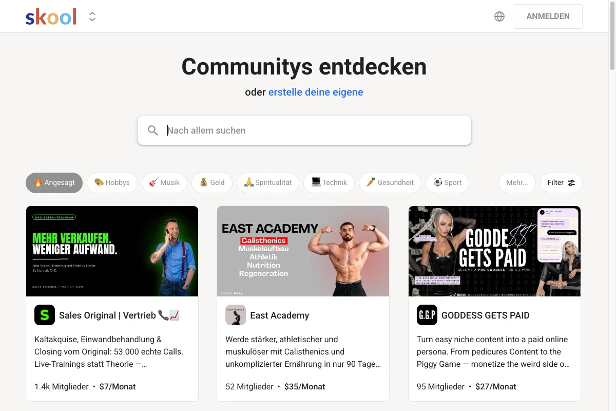 Landingpage der Community-Plattform Skool