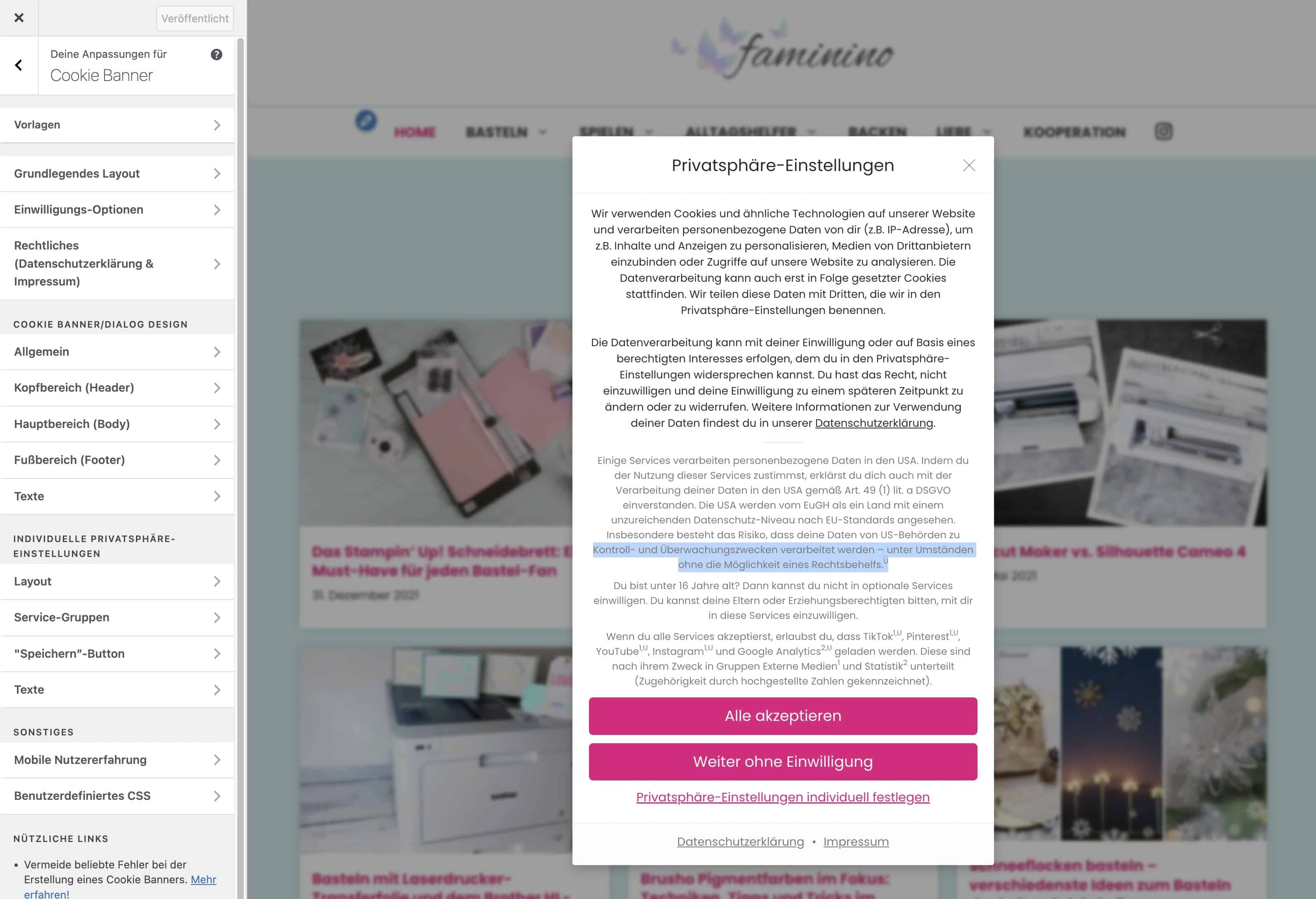 Design von Real Cookie Banner über den Customizer anpassen