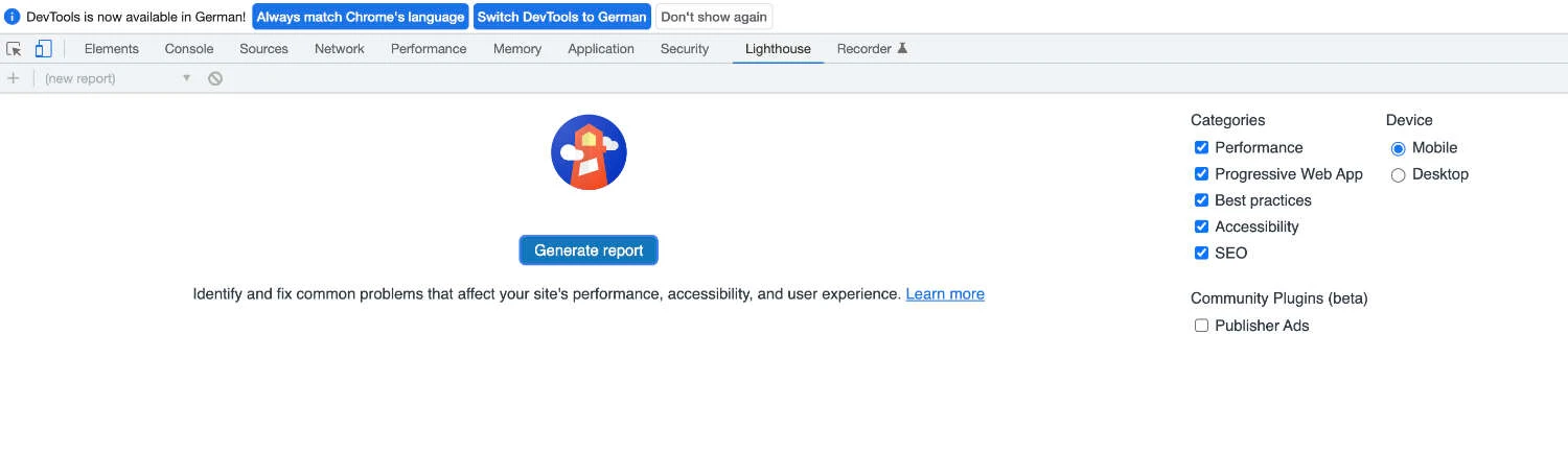 Google Lighthouse Ergebnisübersicht mit Performance-Scores