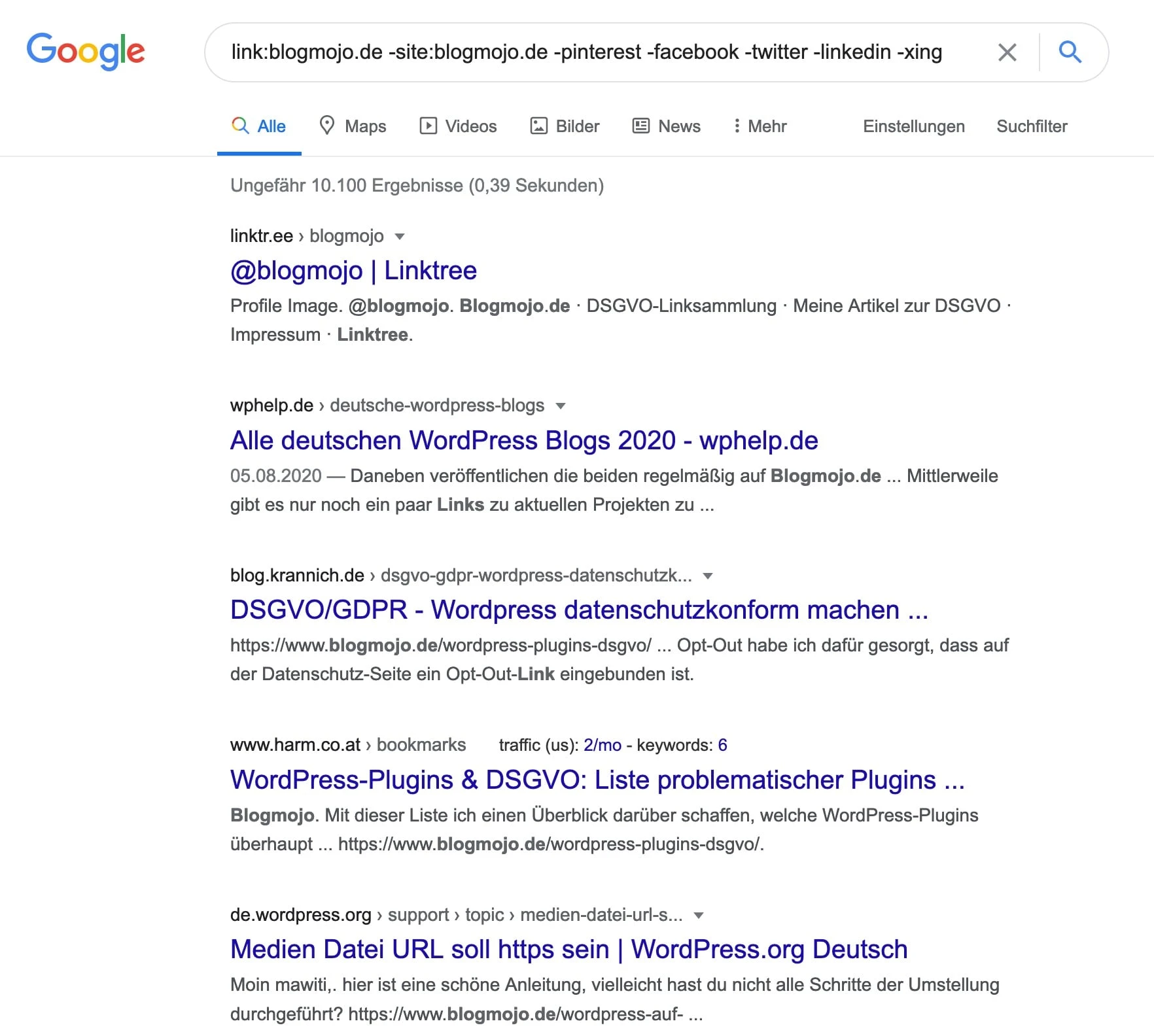 Eigene Backlinks mit dem link: Operator bei Google finden