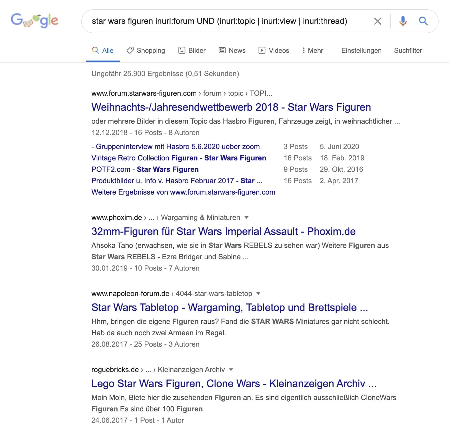Erweiterter Suchbefehl, um Forendiskussionen zu finden
