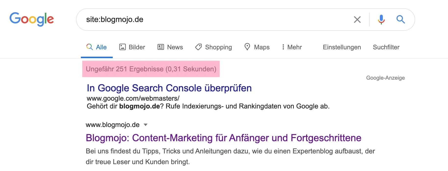 Mit site: Operator Anzahl der Suchergebnisse überprüfen