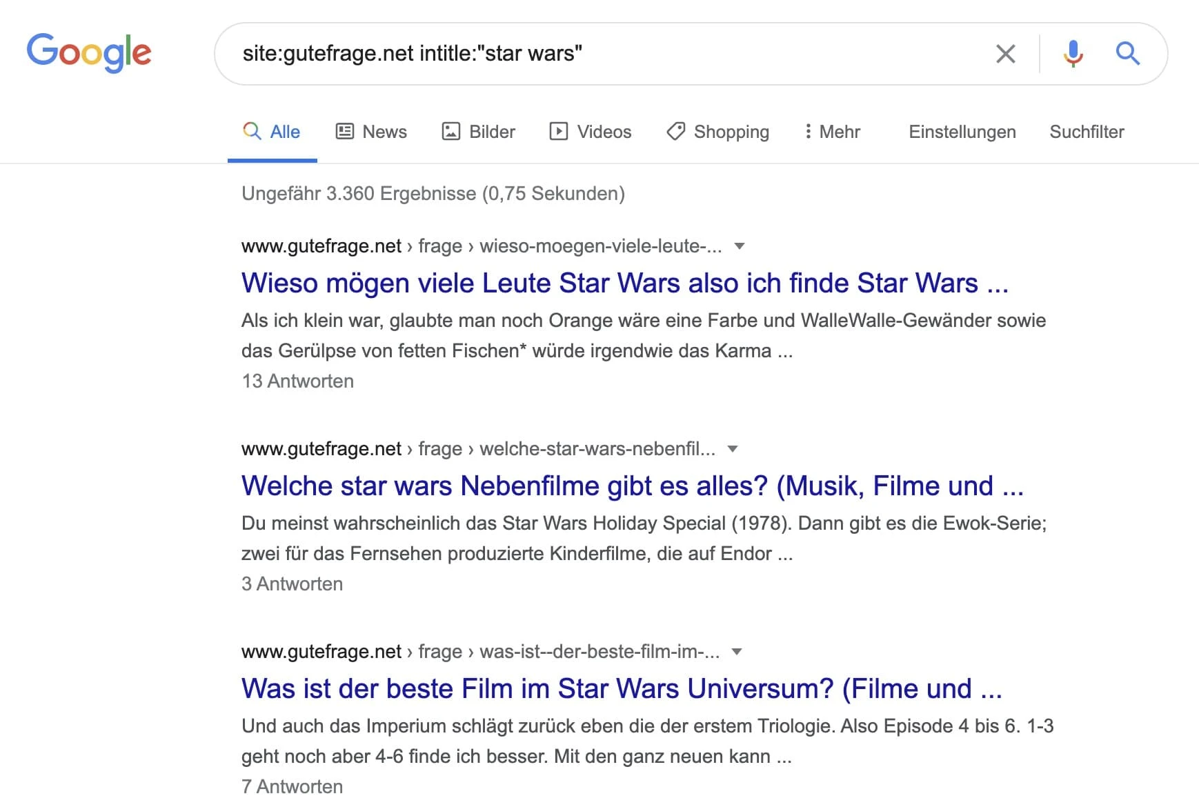 Suchbefehl, um Frageportale nach Themen zu durchsuchen