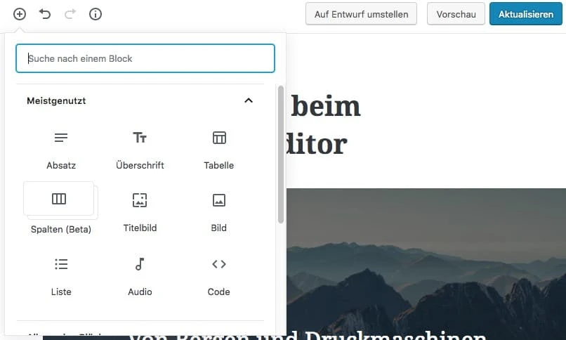 Gutenberg-Block hinzufügen durch Pluszeichen in der Top-Bar
