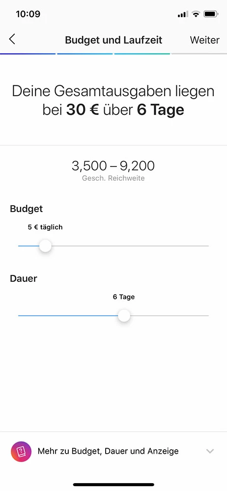 instagram follower gewinnen instagram anzeigen budget übersicht in der App
