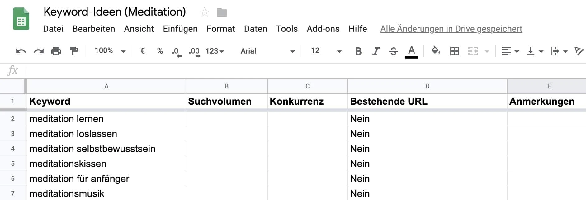 Keyword-Ideen in Excel-Dokument oder Google Tabellen sammeln