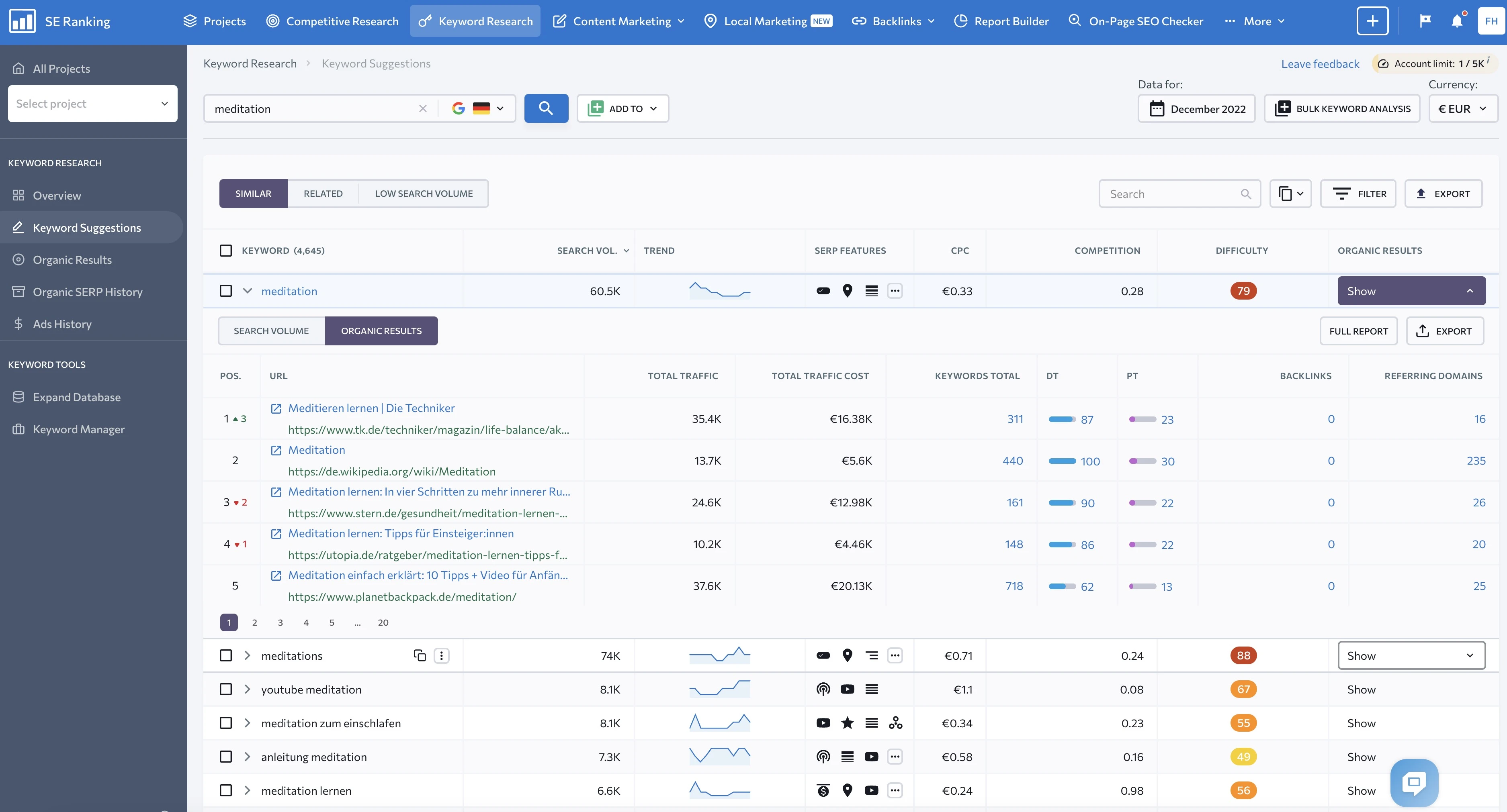 Keyword-Recherche mit SE Ranking inkl. Suchvolumen und Konkurrenz