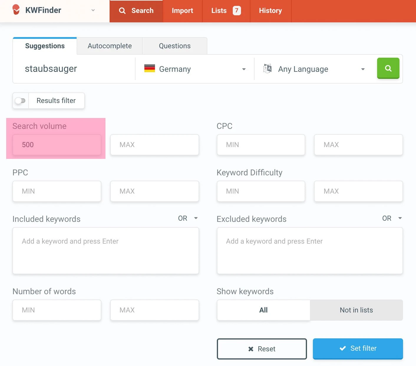 Keyword-Suggestions nach Suchvolumen filtern