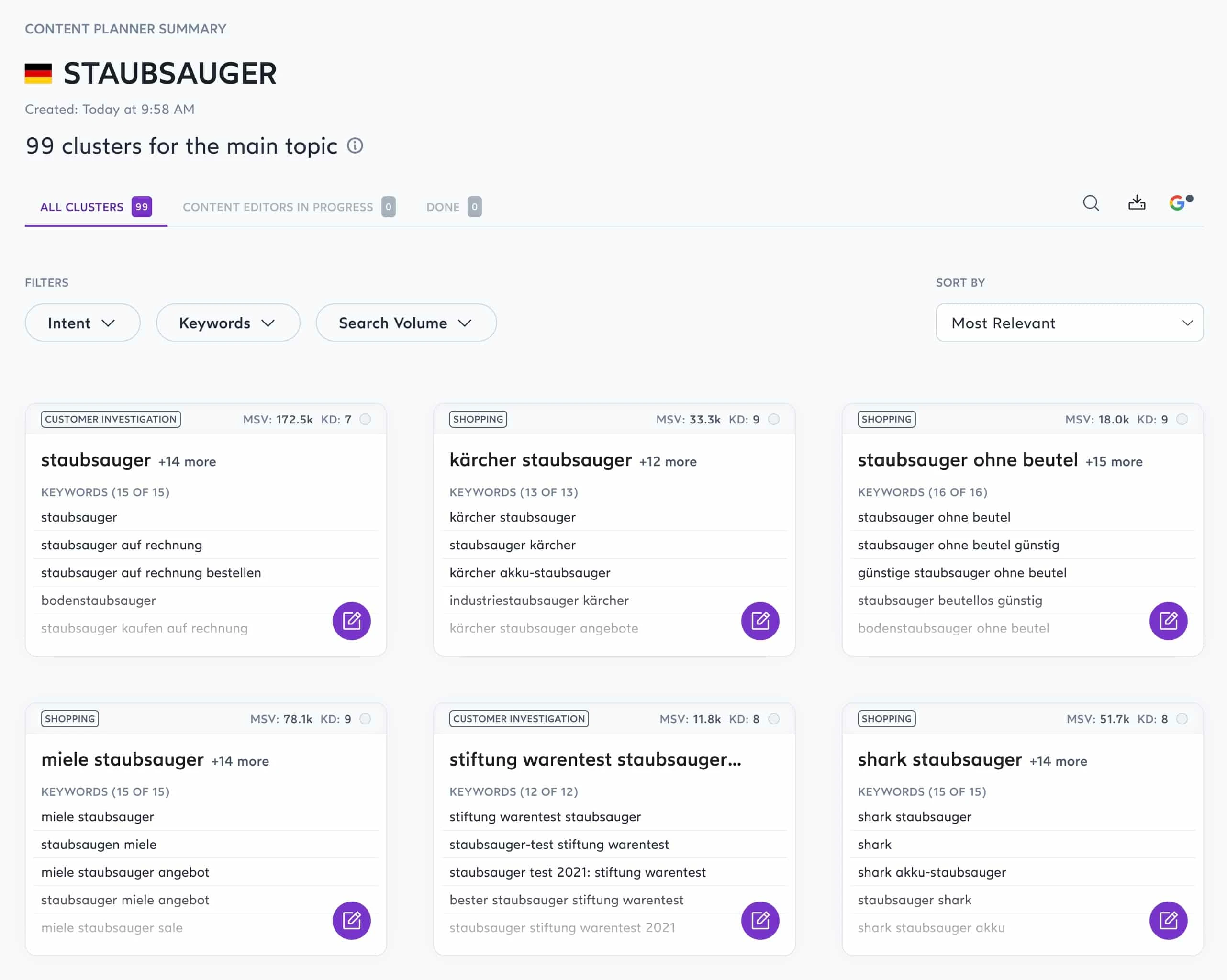 Keyword-Cluster mit Long-Tail-Keywords im Content Planner