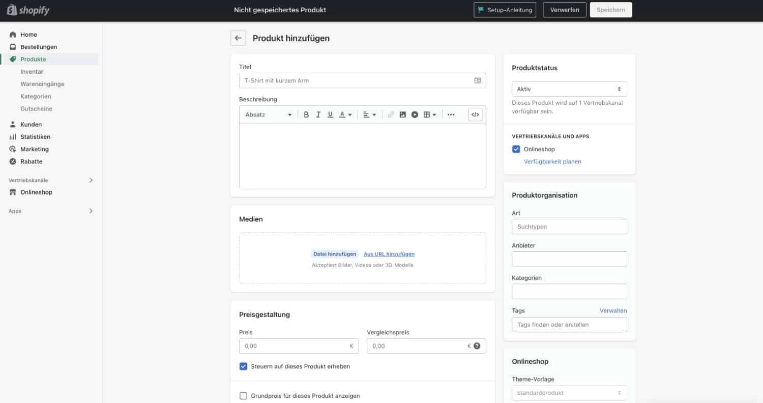 Shopify Produkt hinzufügen