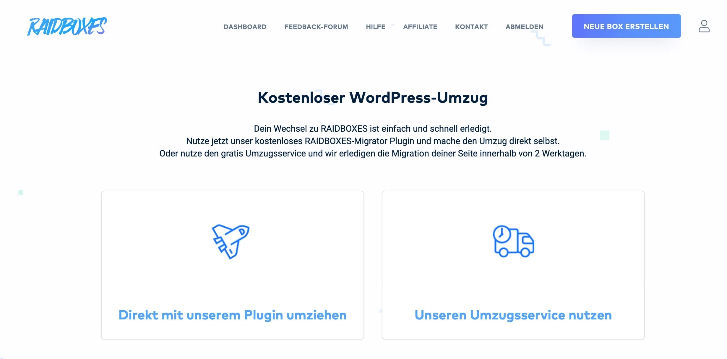 Optionen für den Umzug zu Raidboxes