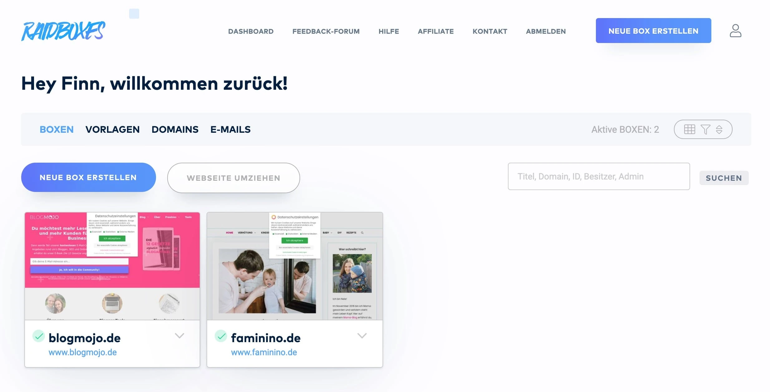 Das Dashboard bei Raidboxes zeigt dir alle deine Boxen im Überblick an