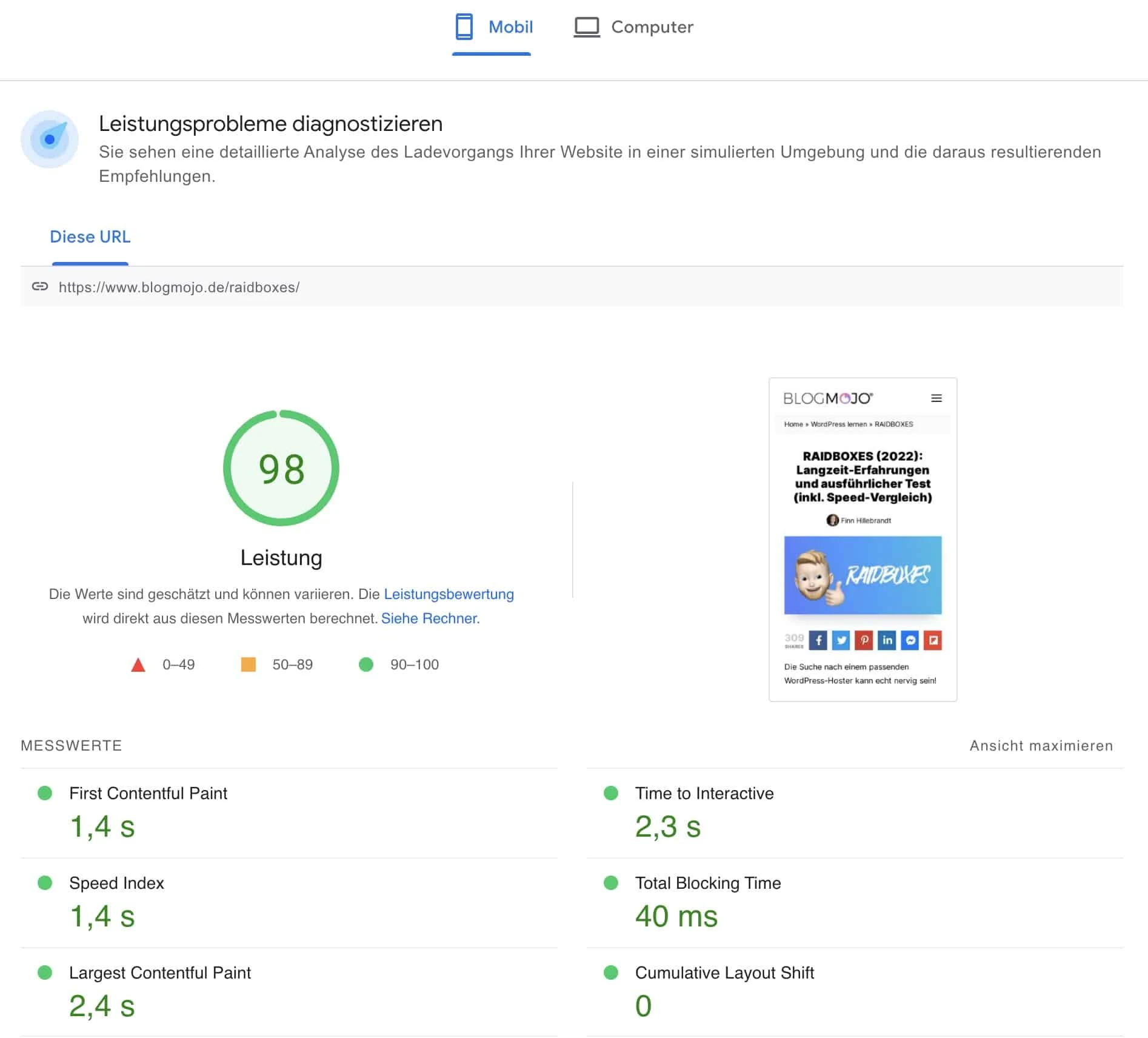 PageSpeed-Score von 95 bis 100 mit Raidboxes Hosting