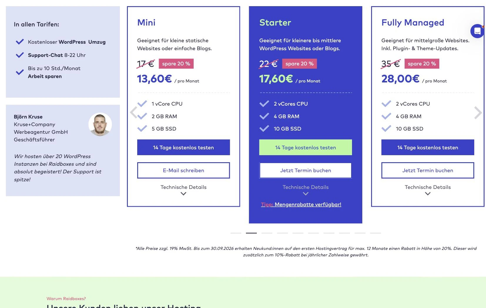 Aktuelle RAIDBOXES-Tarife Mini, Starter und Fully Managed im Juli 2026