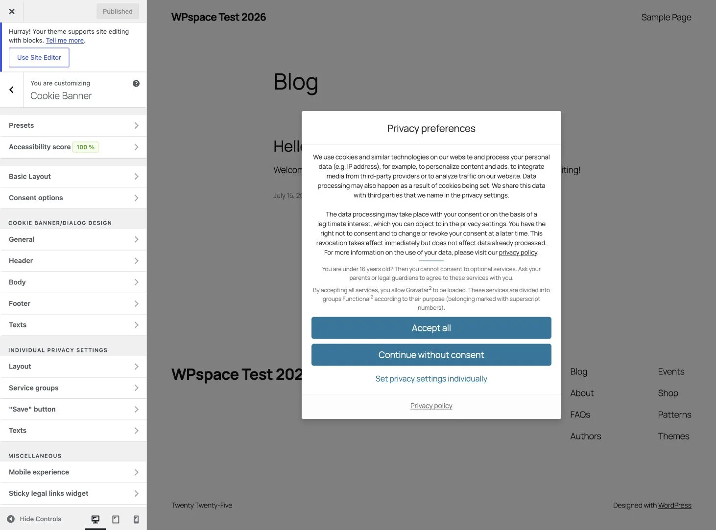 Design-Editor von Real Cookie Banner mit Live-Vorschau