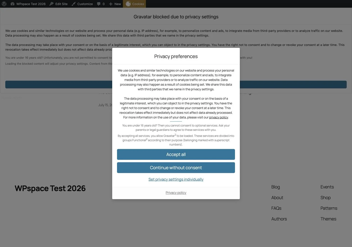 Consent-Dialog und blockierter Gravatar-Inhalt auf der WordPress-Testseite