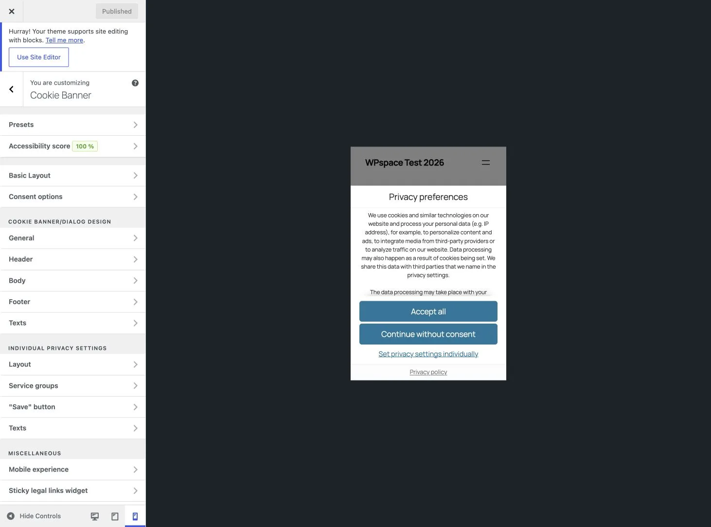 Mobile Vorschau des Consent-Dialogs von Real Cookie Banner