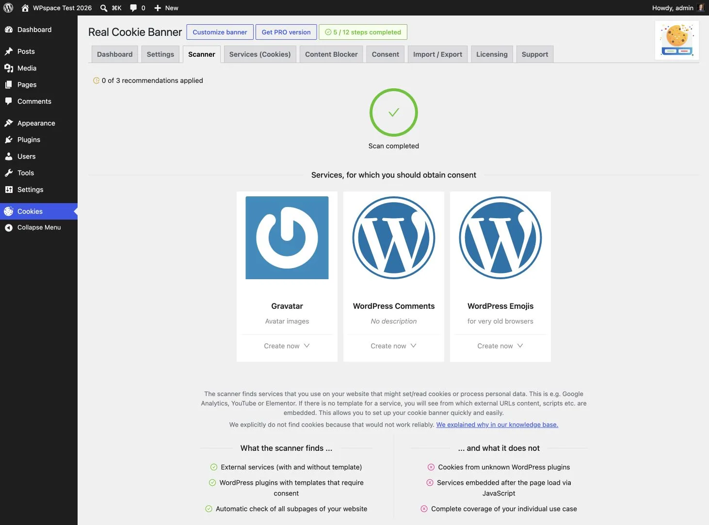 Service-Scanner von Real Cookie Banner mit drei Empfehlungen im Test
