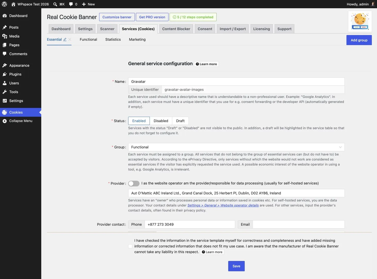 Vorausgefüllte Gravatar-Service-Vorlage in Real Cookie Banner 5.2