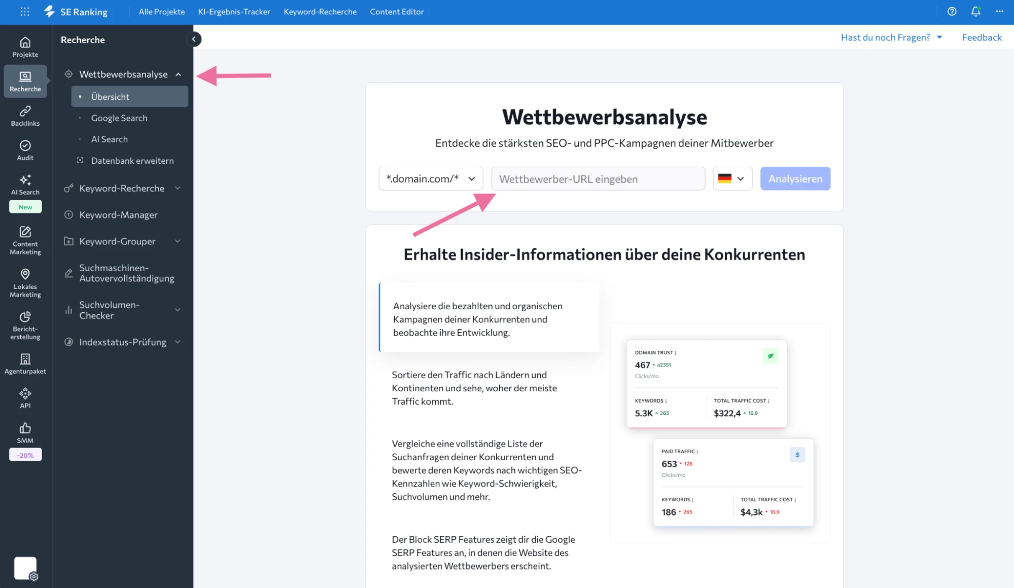 Dashboard von SE Ranking mit der Wettbewerbsanalyse einer Domain