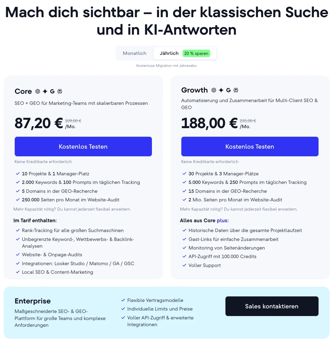 Preisübersicht der unterschiedlichen SE-Ranking-Tarife