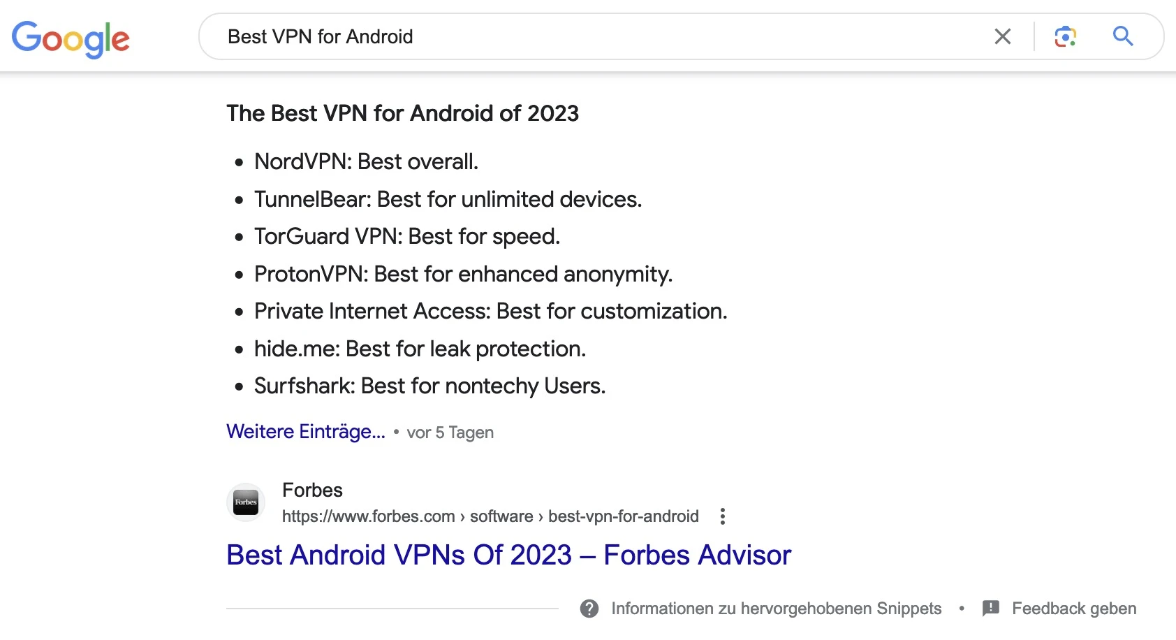 Alte Google-Suche mit Featured Snippet zum Keyword best vpn for android