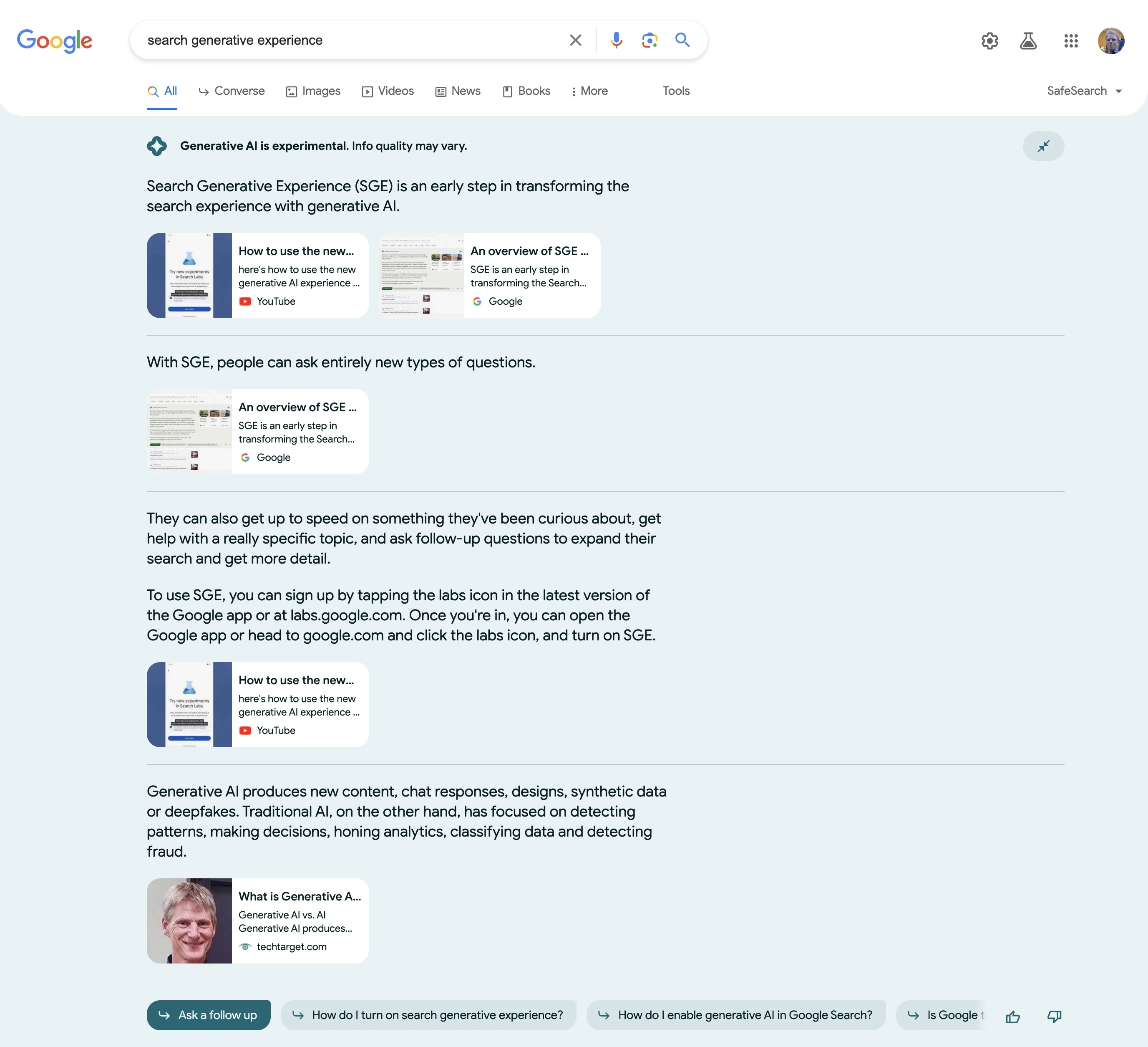 Beispiel für die Search Generative Experience mit ausgeklappten Quellen (SGE-Beta 2023)
