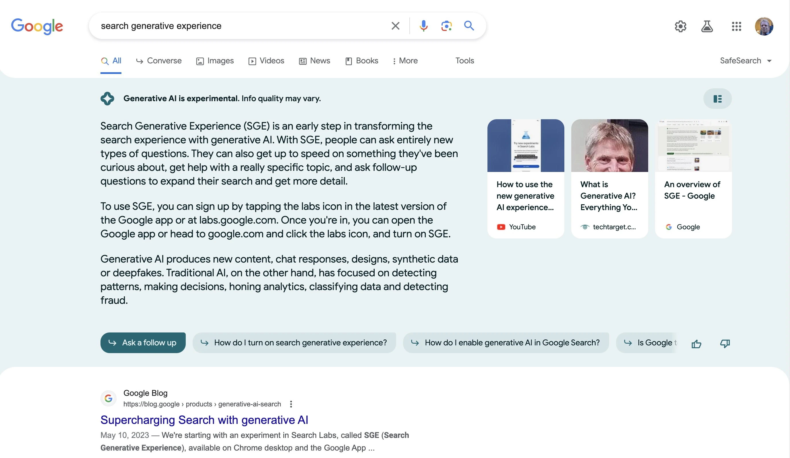 Beispiel für die Search Generative Experience in der Beta 2023