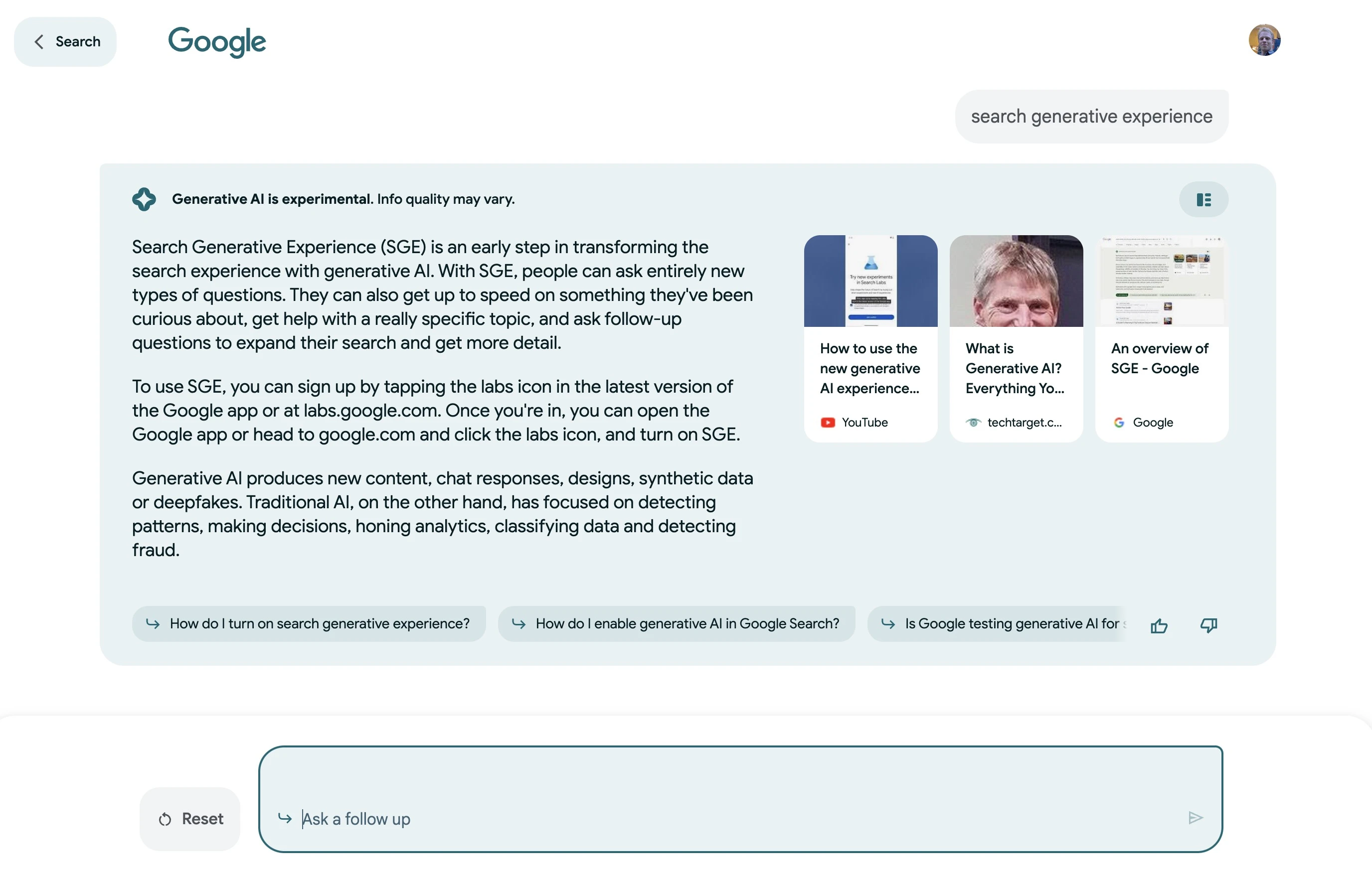 Chatmodus der Search Generative Experience (SGE-Beta 2023)
