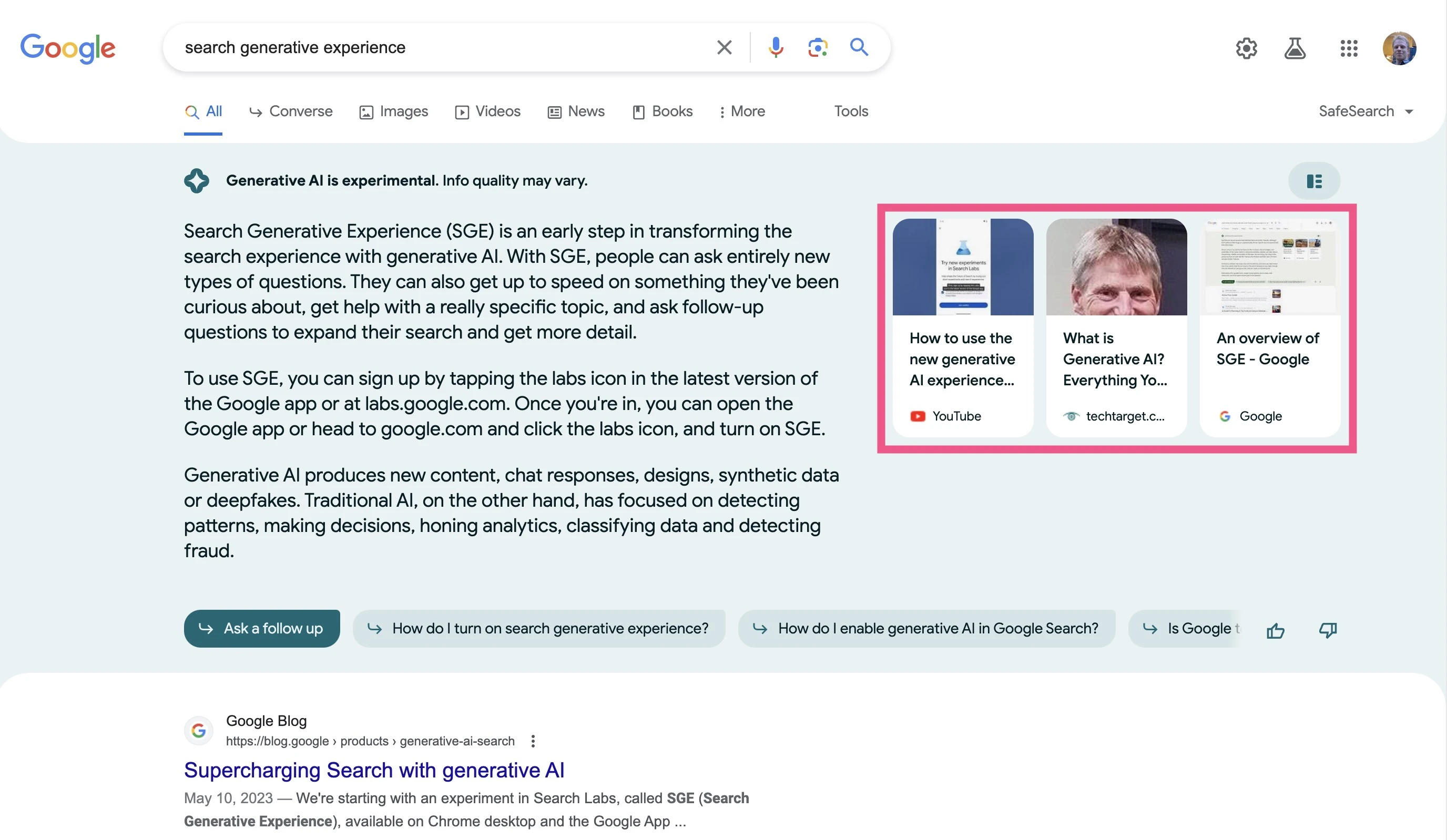 Drei verlinkte Artikel im SGE-Snapshot der Google-Suche (2023)