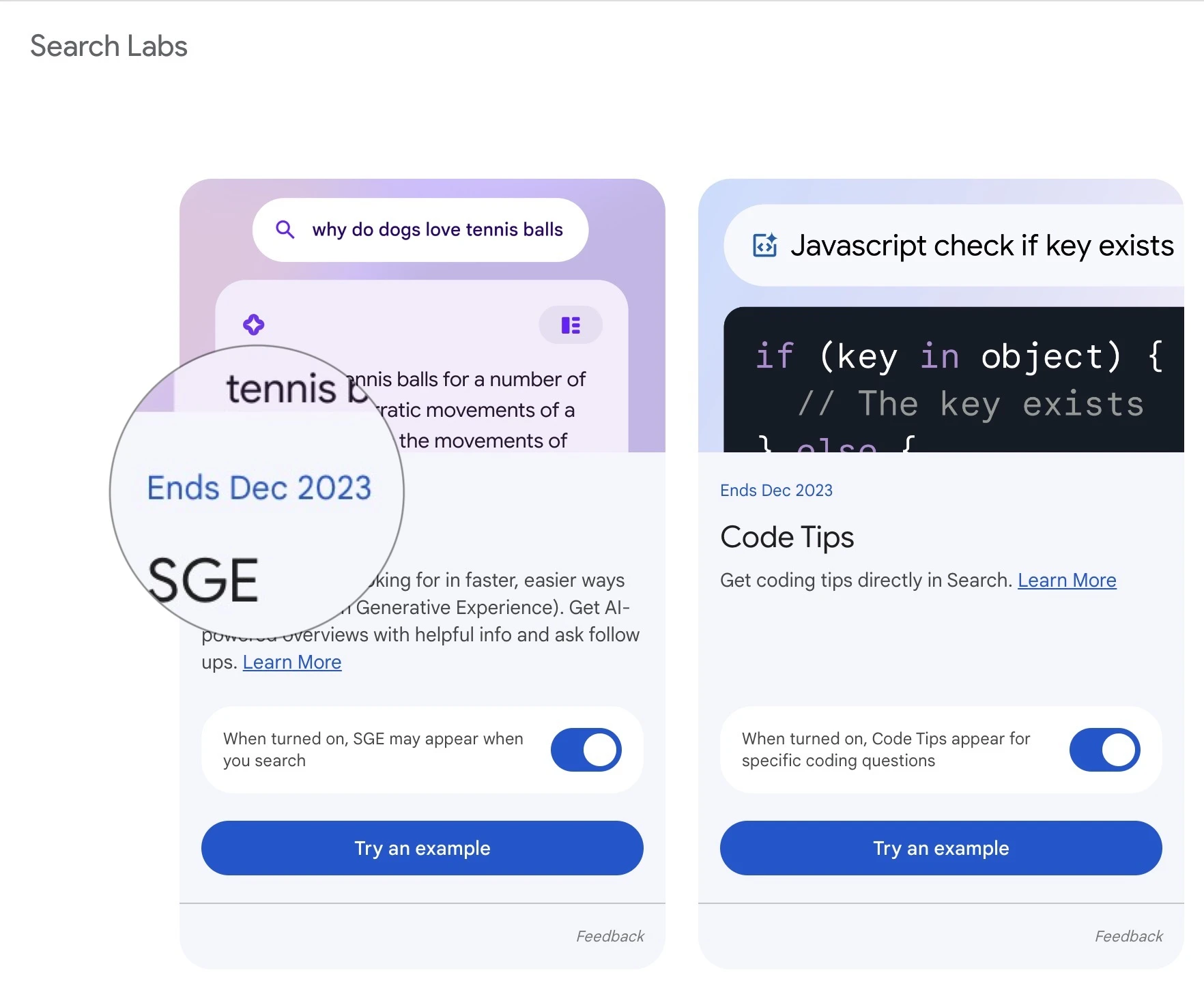 Von Google angekündigtes Ende der SGE-Testphase in den Search Labs, Stand 2023