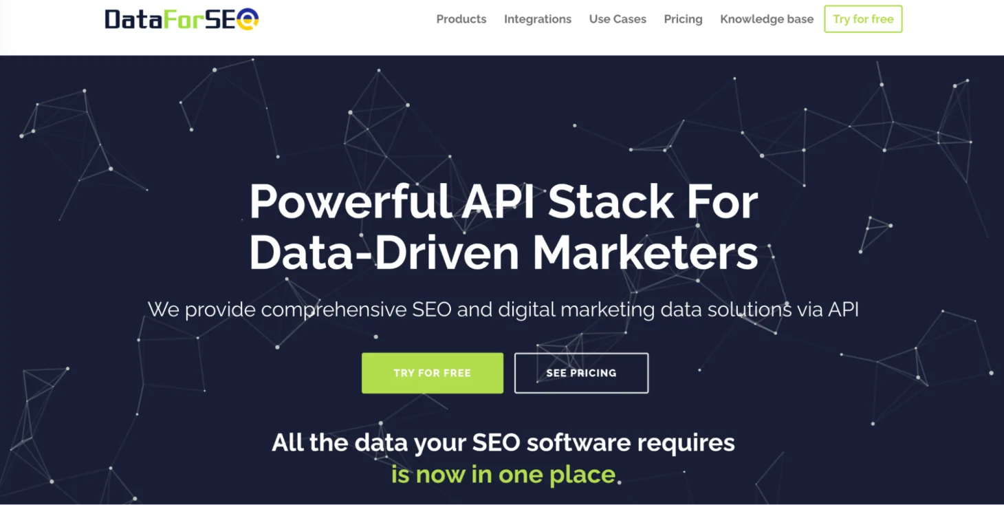 DataForSEO Startseite mit API-Übersicht