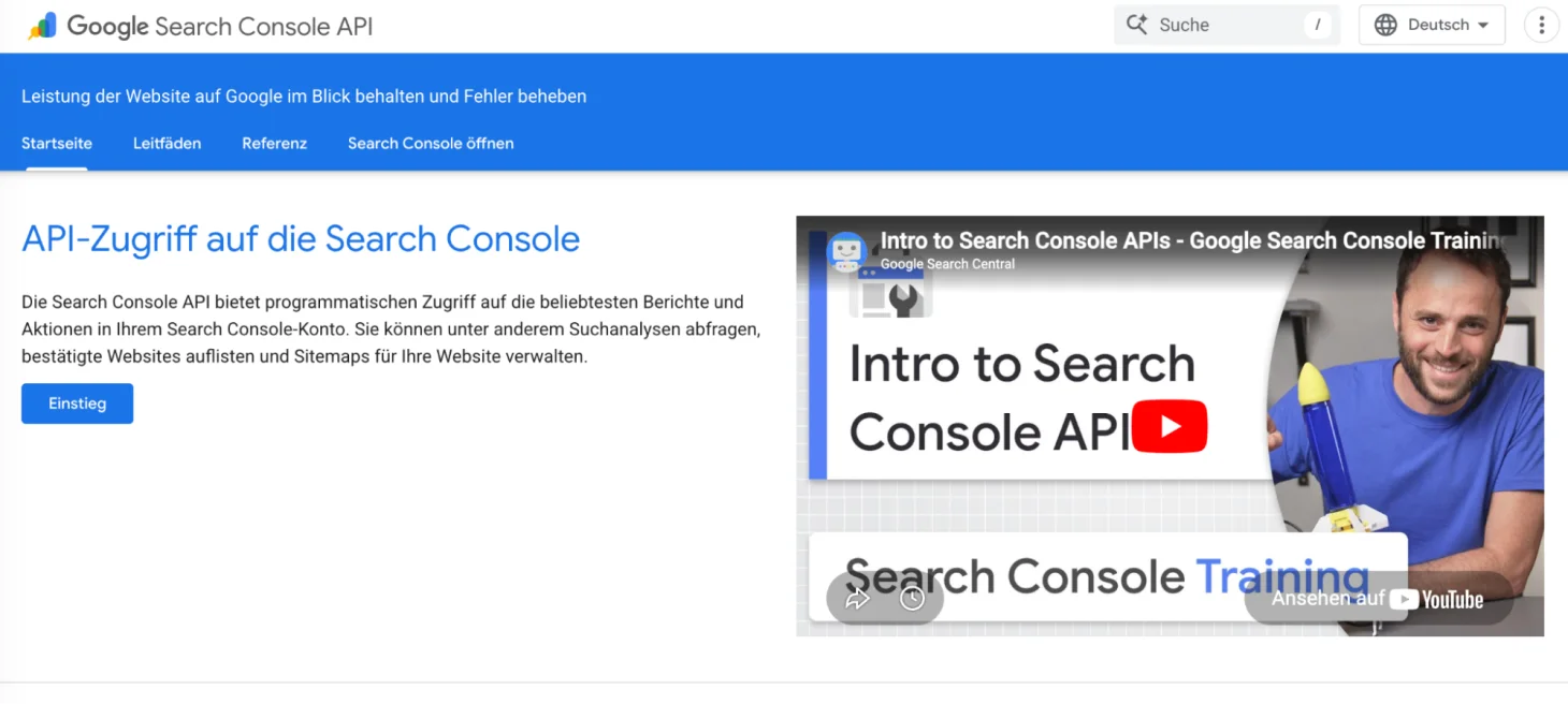 Google Search Console API Einstiegsseite