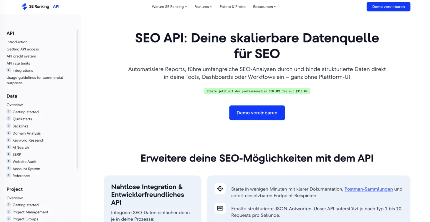 SE Ranking SEO API Übersicht im Dashboard