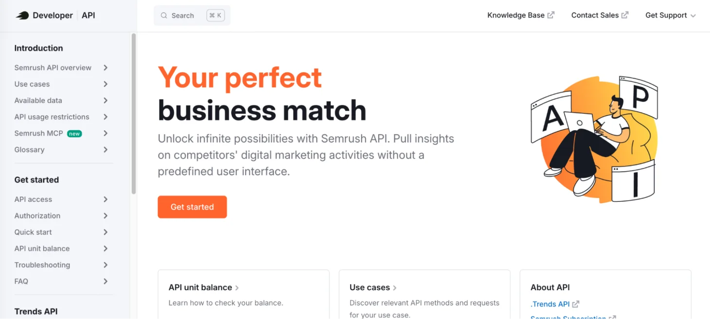 Semrush Developer Portal mit API-Übersicht