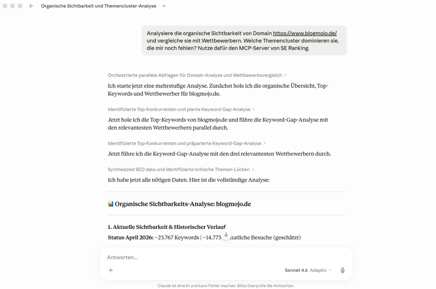 Claude analysiert organische Sichtbarkeit über den SE Ranking MCP-Server