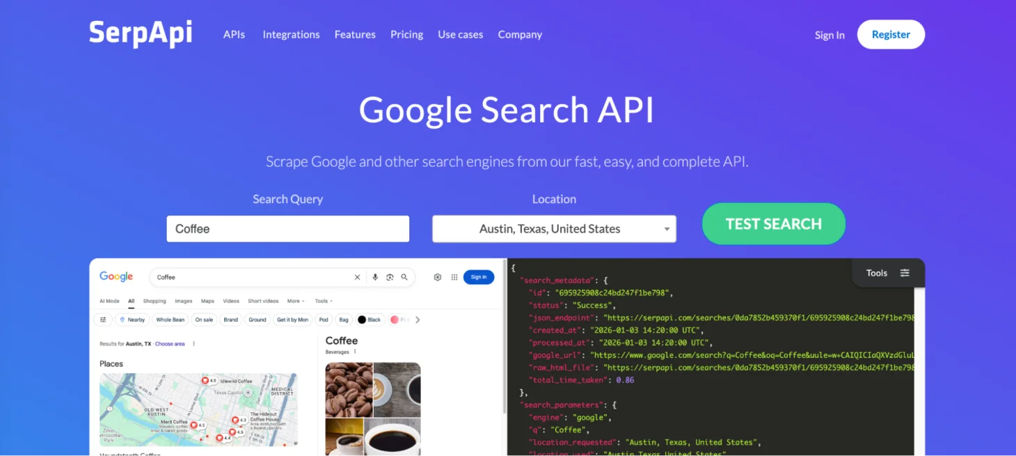 SerpApi Startseite mit Google Search API