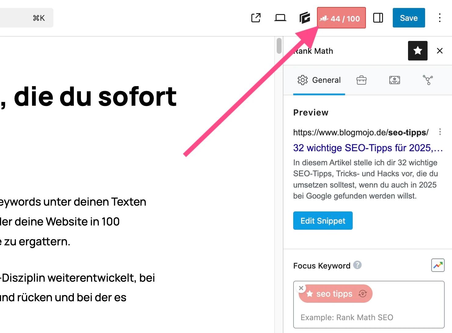 Rank Math Score von diesem Blogartikel zu „SEO-Tipp“