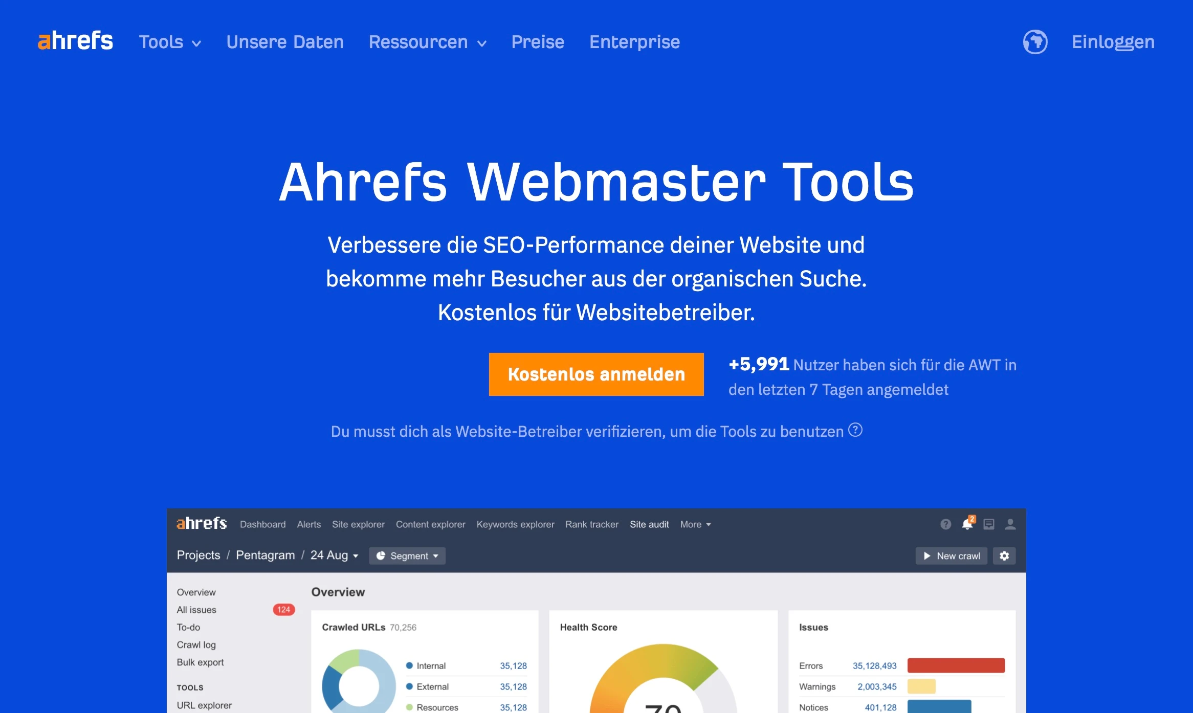 Dashboard der ahrefs Webmaster Tools