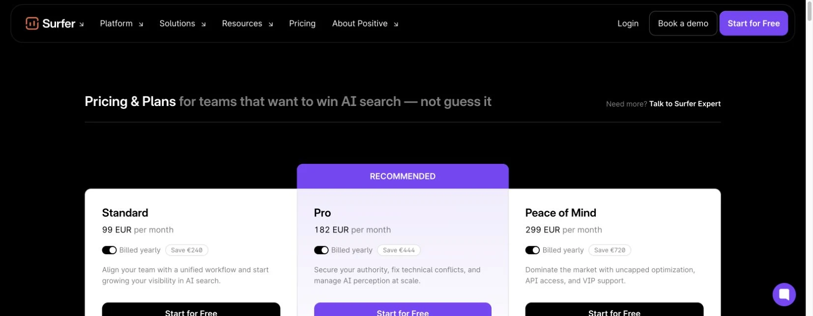 Surfer-SEO-Tarife Standard, Pro und Peace of Mind im Juli 2026