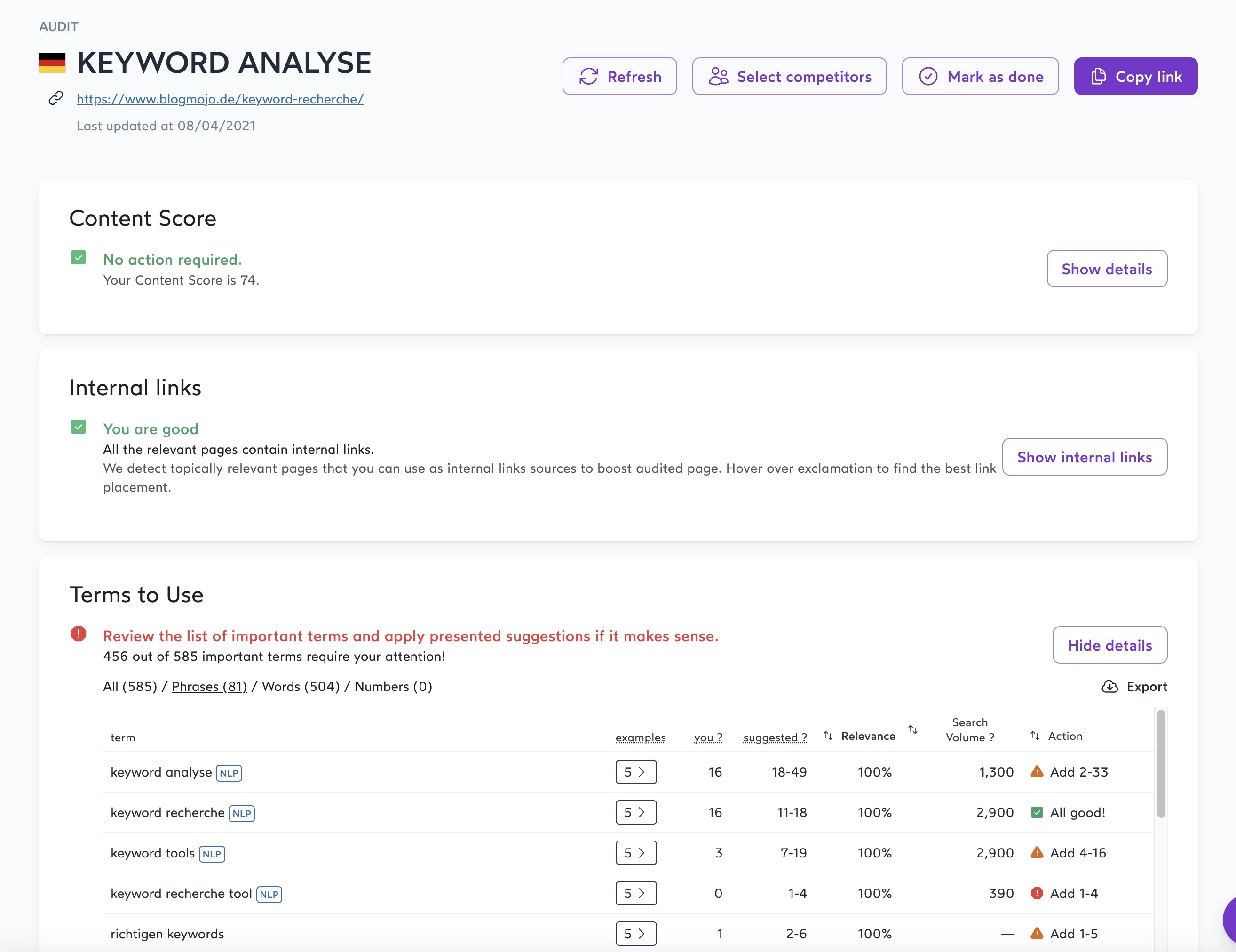 Audit-Ansicht von Surfer SEO